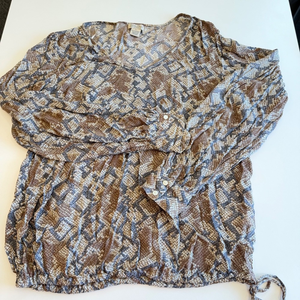 Lucky Brand Womens XL Snakeskin Print Rayon Long Sleeve Side Tie Blouse Brown
